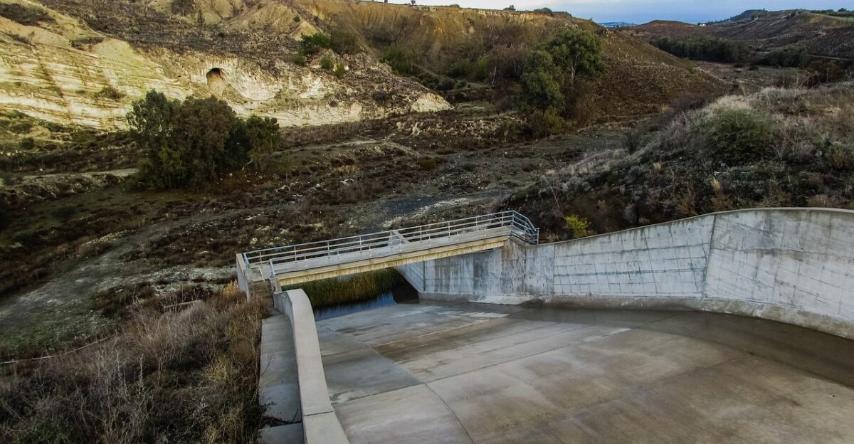 dam overflow landscape valley riverbed empty environment construction bridge scenery tamassos dam cyprus