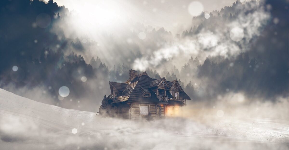 winter snow house landscape log cabin nature trees fog blizzard light dazzle snowflakes idyllic snow landscape afterglow romantic