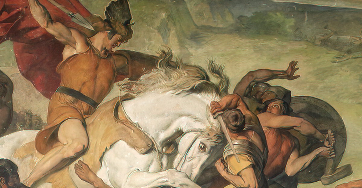 "<i>Der siegreich vordringende Hermann</i>" ("The Victorious Advancing Hermann"), by Peter Janssen, completed in 1873, depicting Hermann (Arminius) at the Battle of the Teutoburg Forest in 9 CE. With painting creases and damage removed.