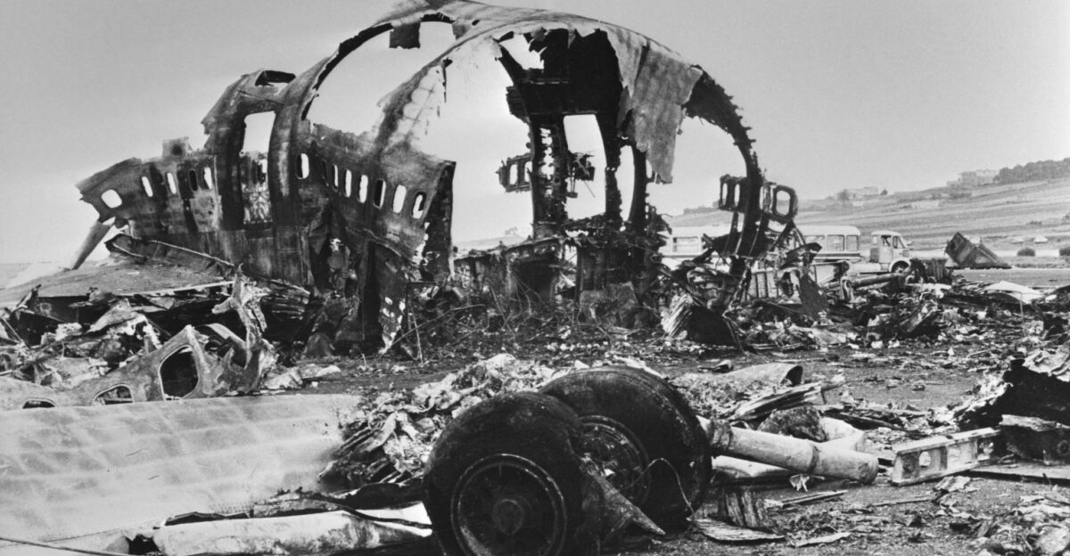 Wreckage on the runway of Los Rodeos after the Tenerife airport disaster of March 27 1977