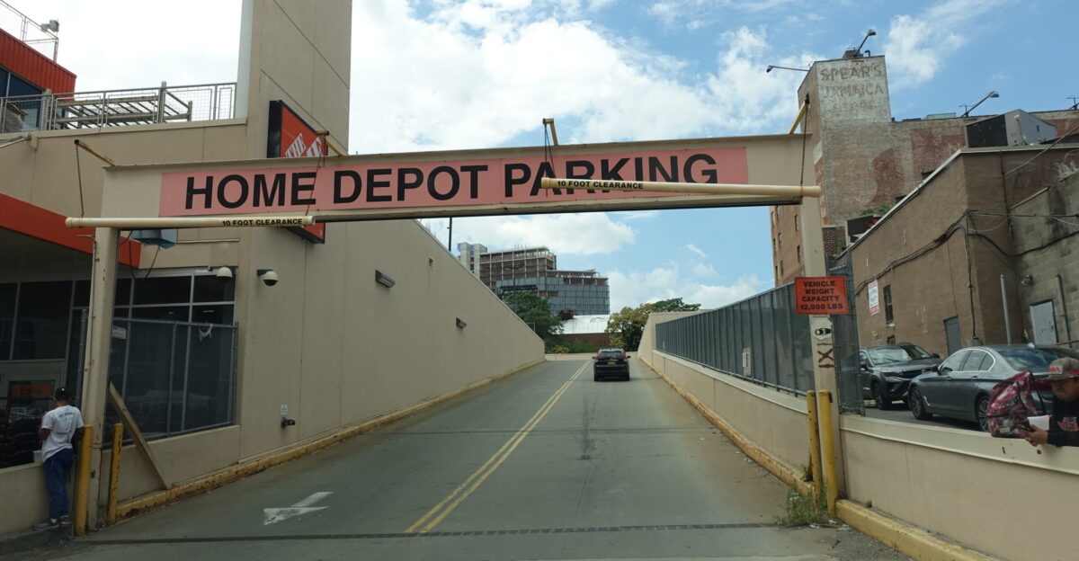 Driving up the ramp to the rooftop parking lot of the Jamaica Home Depot at 168th Street and Jamaica Avenue in Jamaica Queens