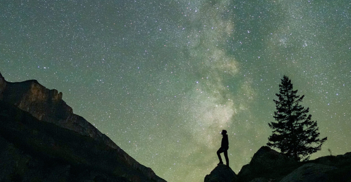 A human, aligned with the <a href="https://en.wikipedia.org/wiki/Milky_Way" class="extiw" title="en:Milky Way">Milky Way</a>, looks at the stars from Oeschinensee (Switzerland) during <a href="https://en.wikipedia.org/wiki/Perseids" class="extiw" title="en:Perseids">Perseids</a> in search of shooting stars.