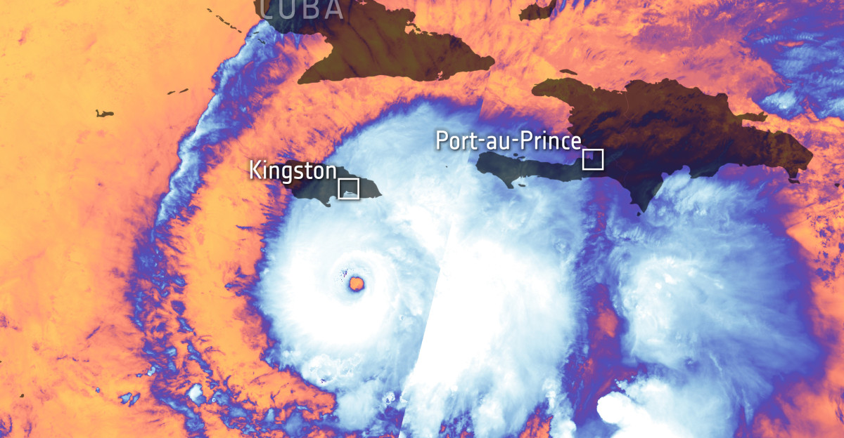 This image captured by the Copernicus Sentinel-3 mission on 26 October 2025 shows the brightness temperature at the top of Hurricane Melissa as it barrelled through the Caribbean Sea towards Jamaica where it is expected to make landfall Classified as a Category 5 storm by the US-based National Hurricane Center Hurricane Melissa is the world s strongest storm so far this year The brightness temperature of the clouds at the top of the storm high above the ocean range from about -75 C near the eye of the storm to about -25 C at the edges The temperature of the surrounding ocean is much warmer reaching as high as 25 C This image has been overlaid with the landmasses below Hurricanes are a force of nature that can be tracked only by satellites providing up-to-date imagery so that authorities know when to take precautionary measures The International Charter Space Major Disasters and the Copernicus Emergency Mapping Service rely on satellite data to support disaster management and recovery Both services have been activated to help teams responding to Hurricane Melissa Satellites deliver information on a storm s extent wind speed and path and on key features such as cloud thickness temperature and water and ice content Sentinel-3 s Sea and Land Surface Temperature Radiometer measures energy radiating from Earth s surface in nine spectral bands