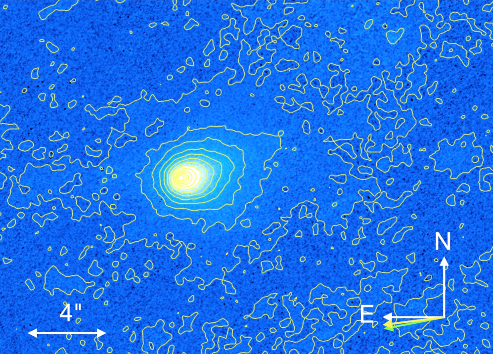 Combined 130 s F350LP image of 3I ATLAS showing diffuse asymmetric emission to the north west The image is contour mapped to highlight faint features with scale bar and direction arrows shown The yellow and green arrows mark respectively the projected negative heliocentric velocity vector and the projected anti-solar direction Note that the bulk of the dust is sunward of the nucleus