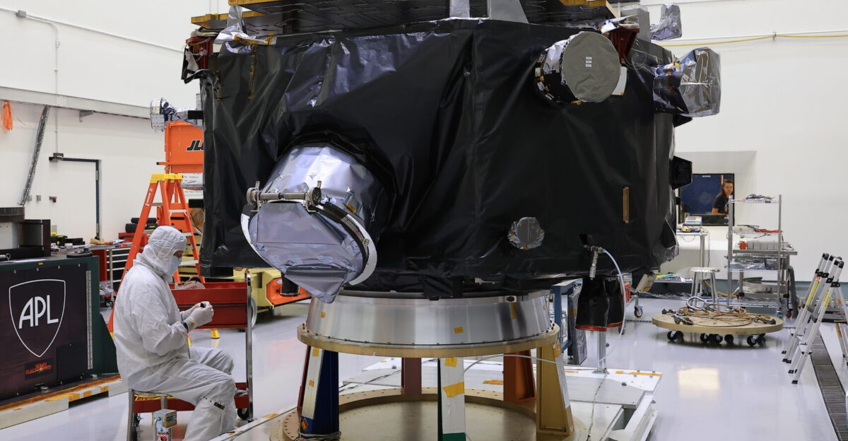 Technicians inspect NASA s IMAP Interstellar Mapping and Acceleration Probe spacecraft on a spacecraft dolly inside Astrotech Space Operations Facility near the agency s Kennedy Space Center in Florida during a NASA-hosted media day on Thursday Aug 28 2025 IMAP and its two rideshares - NASA s Carruthers Geocorona Observatory and National Oceanic and Atmospheric Administration s NOAA Space Weather Follow On-Lagrange 1 SWFO-L1 observatory - will orbit the Sun near Lagrange point 1 about one million miles from Earth where IMAP will scan the heliosphere a huge bubble created by the Sun s wind that encapsulates our entire solar system and analyze the composition of charged particles and investigate how those particles move through the solar system