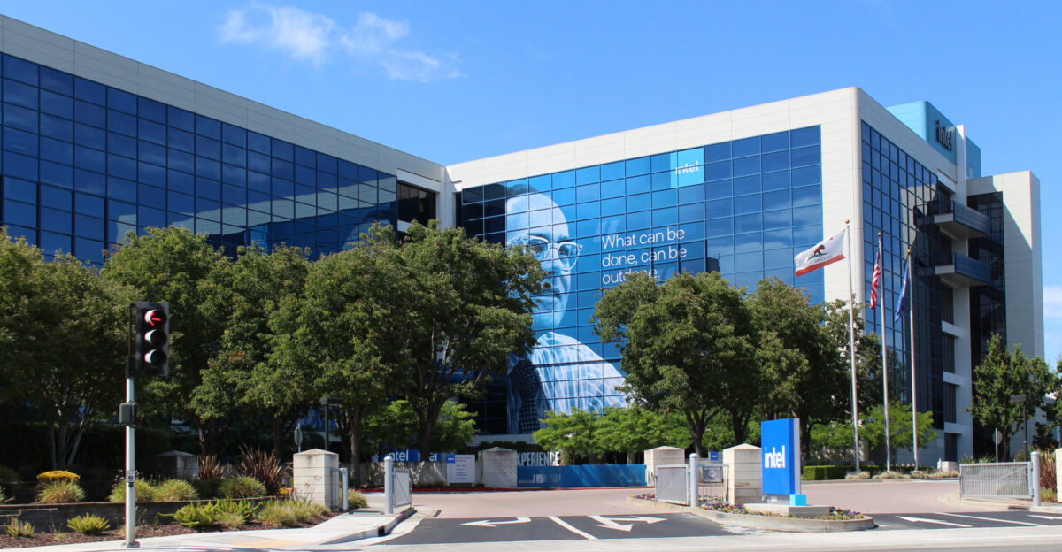 Intel headquarters at 2200 Mission College Boulevard in Santa Clara California At the time this photo was taken in 2023 the Robert Noyce Building was wrapped with a temporary poster honoring the life and career of Intel co-founder Gordon Moore who had recently died in March Photographed by user Coolcaesar on July 2 2023