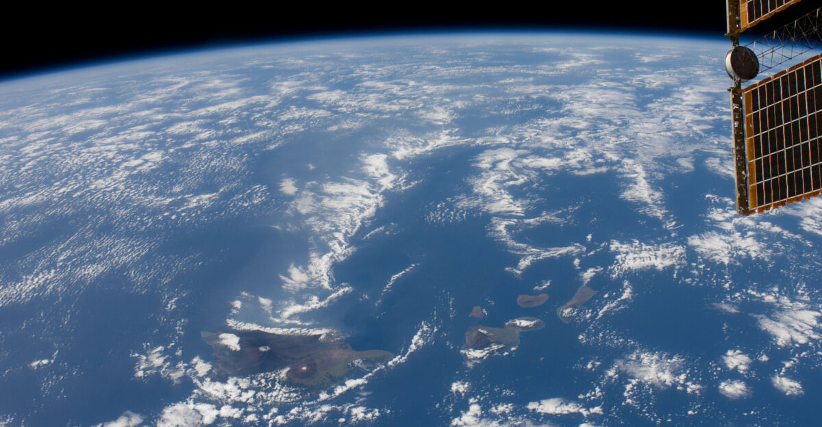 One of the Expedition 30 crew members aboard the International Space Station captured this image of the Hawaiian Island chain on Dec 29 2011 The Big island of Hawai i is easily delineated at the center of the frame The object in upper right is the edge of a solar panel