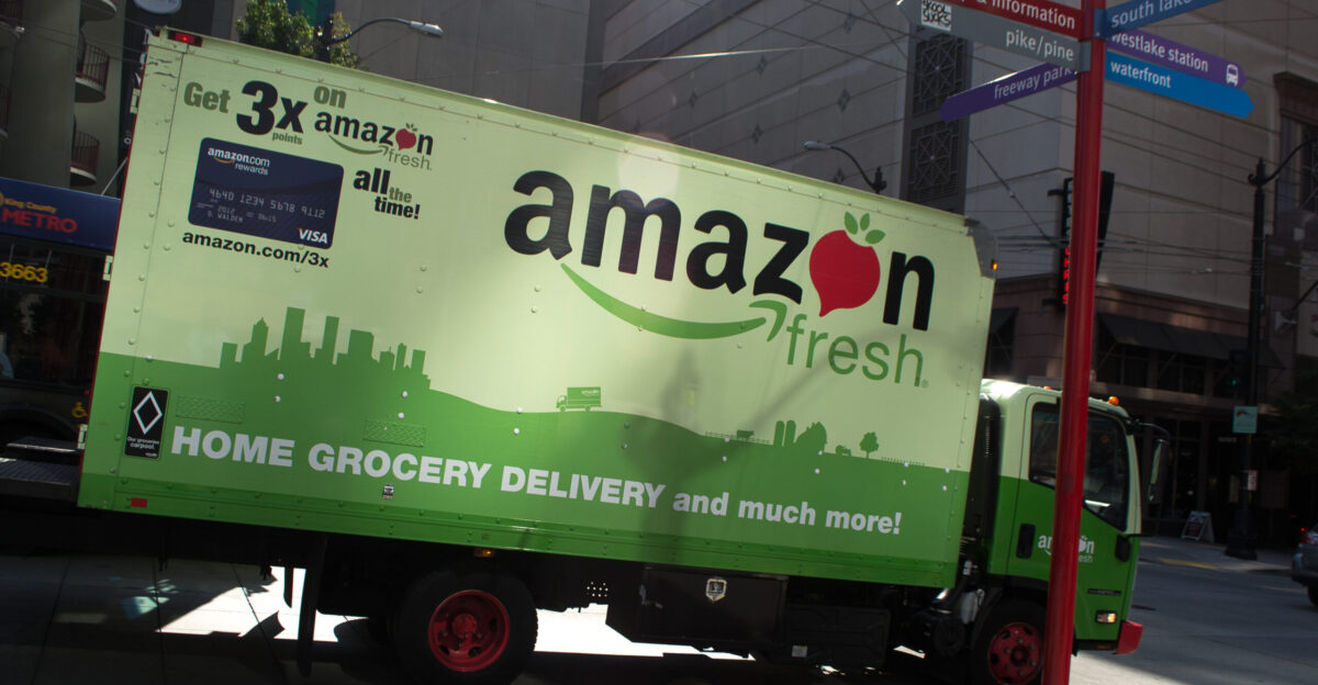 An Isuzu delivery truck from Amazon Fresh on the streets of Seattle