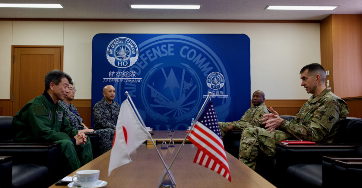 Col Joseph C Scott and Command Sgt Maj John S Brown Jr visited Yokota Air Base Japan to meet with JASDF Air Defense Command leadership-including Lt Gen YAJIMA Masahito WO KUMASAKA Hiroki Lt Gen KAGEURA Seiki and Maj Gen MATSUZAKI Yuki-to realign integrated air and missile defense strategies and discuss upcoming bilateral training opportunities on Feb 26 2025 Amid an increasingly complex regional security environment marked by North Korean missile launches and recent airspace incursions by the PLA and Russian forces both sides reviewed current challenges and enhanced mission capabilities through joint exercises and strategic planning This collaboration underscores the enduring U S -Japan alliance and a shared commitment to a Free and Open Indo-Pacific with future engagements already in the works to further deepen interoperability and fortify defensive readiness U S Army photo by Capt Frank Spatt