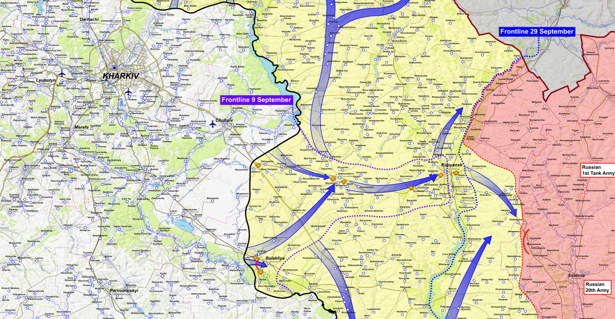 Map of the 2022 Kharkiv counteroffensive during the Russo-Ukrainian War Made using OpenTopoMap data