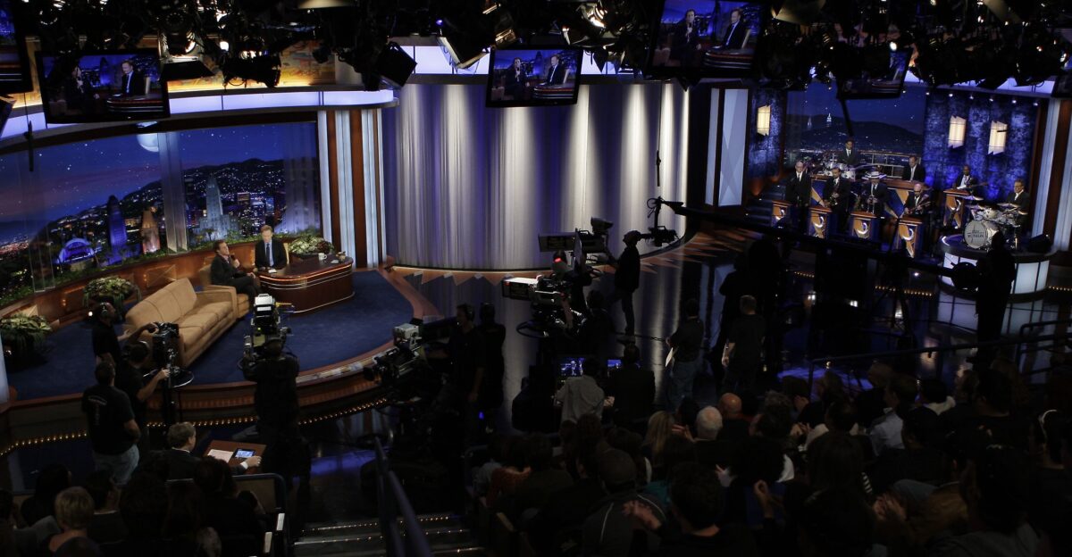 View from an audience seat from a late night talk show hosted by Conan O Brien