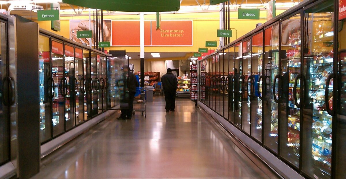 The refrigerated and frozen foods isle at a remodeled Walmart Supercenter in Laurel Maryland