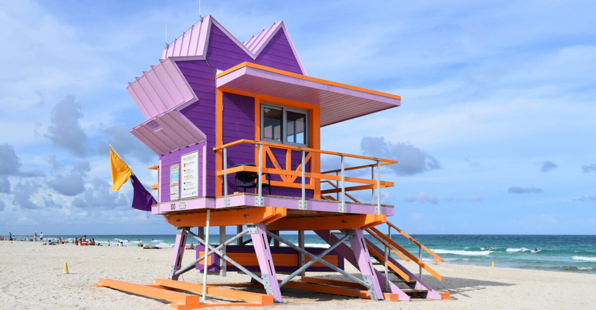 View from south to a lifeguard stand in South Beach Florida US architect William Lane is responsible for the Art Deco design