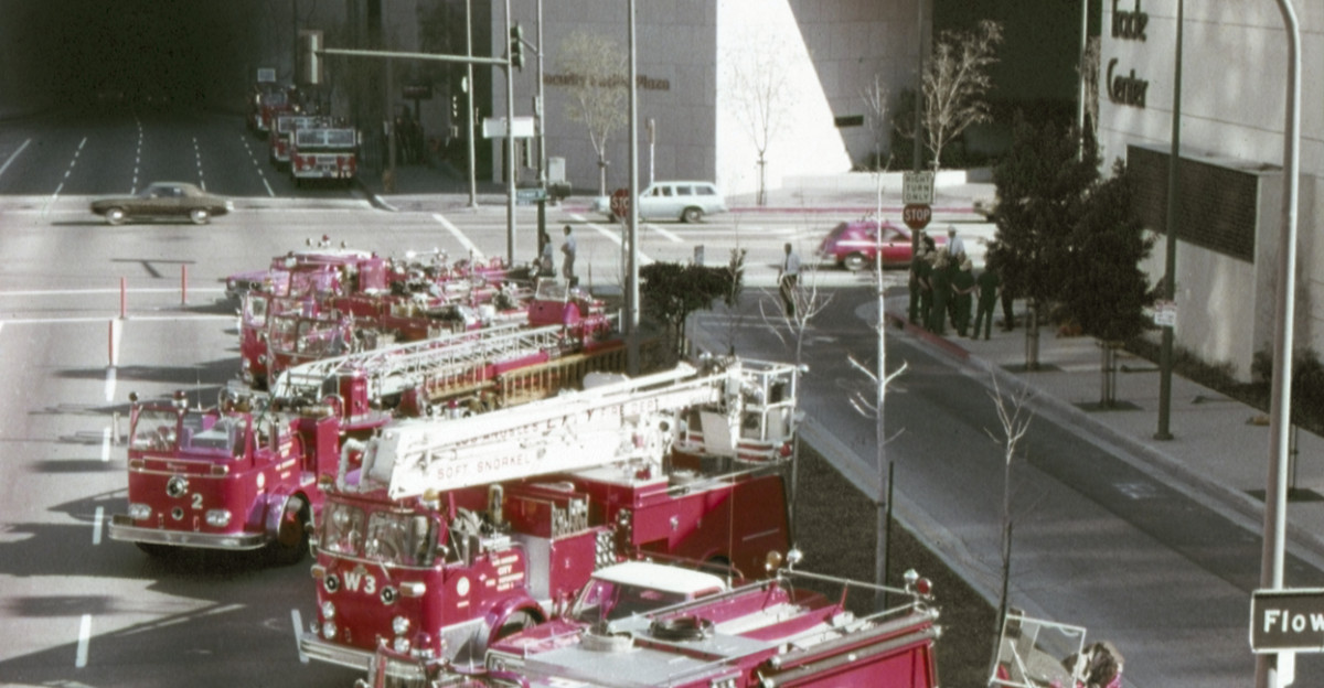 Los Angeles City Fire Department Sunday morning training in downtown Los Angeles Scanned from EastmanColorRGB-100 Slide