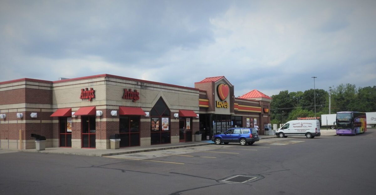 Looking north at Arby s and Love s