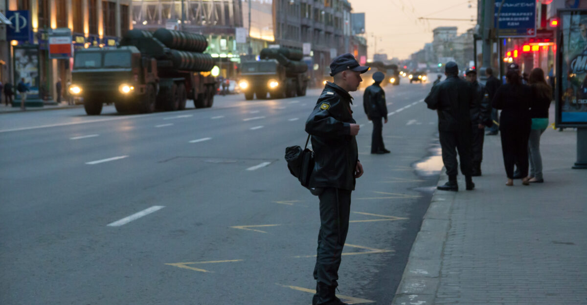 S-400 missile system launch vehicles Police force and military personnel units are gathering for a rehearsal of Moscow Military Parade to celebrate Victory Day on May 9 in Moscow Russia