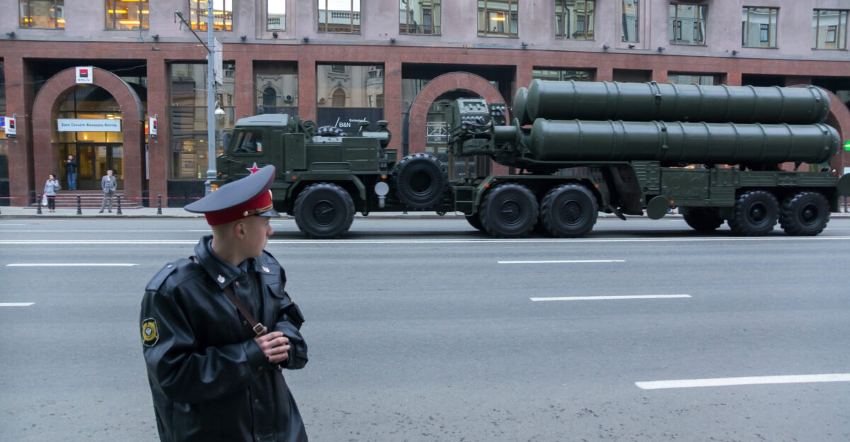 S-400 missile system launch vehicle Police force and military personnel units are gathering for a rehearsal of Moscow Military Parade to celebrate Victory Day on May 9 in Moscow Russia