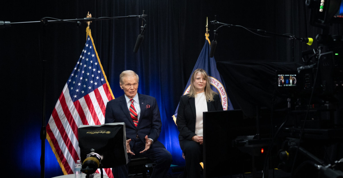 NASA Administrator Bill Nelson, left, and Lisa Carnell, director of NASA’s Biological and Physical Sciences Division are seen during an Earth-to-space call with astronauts aboard the International Space Station, Wednesday, Feb. 21, 2024, at the Mary W. Jackson NASA Headquarters building in Washington. Nelson and Carnell spoke with Expedition 70 crew members Andreas Mogenson of ESA, Jasmin Moghbeli of NASA, and Satoshi Furukawa of JAXA about recent science research and technology demonstrations aboard the orbiting laboratory. Photo Credit: (NASA/Joel Kowsky)