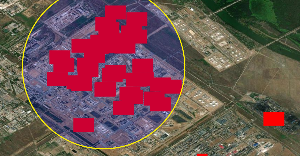 NASA FIRMS imagery showing fires 2025-08-13 21:46:00 (UTC) at Volgograd oil refinery. NB. The imagery includes earlier thermal detections consistent with <a href="https://en.wikipedia.org/wiki/gas_flare" class="extiw" title="en:gas flare">en:gas flares</a>.