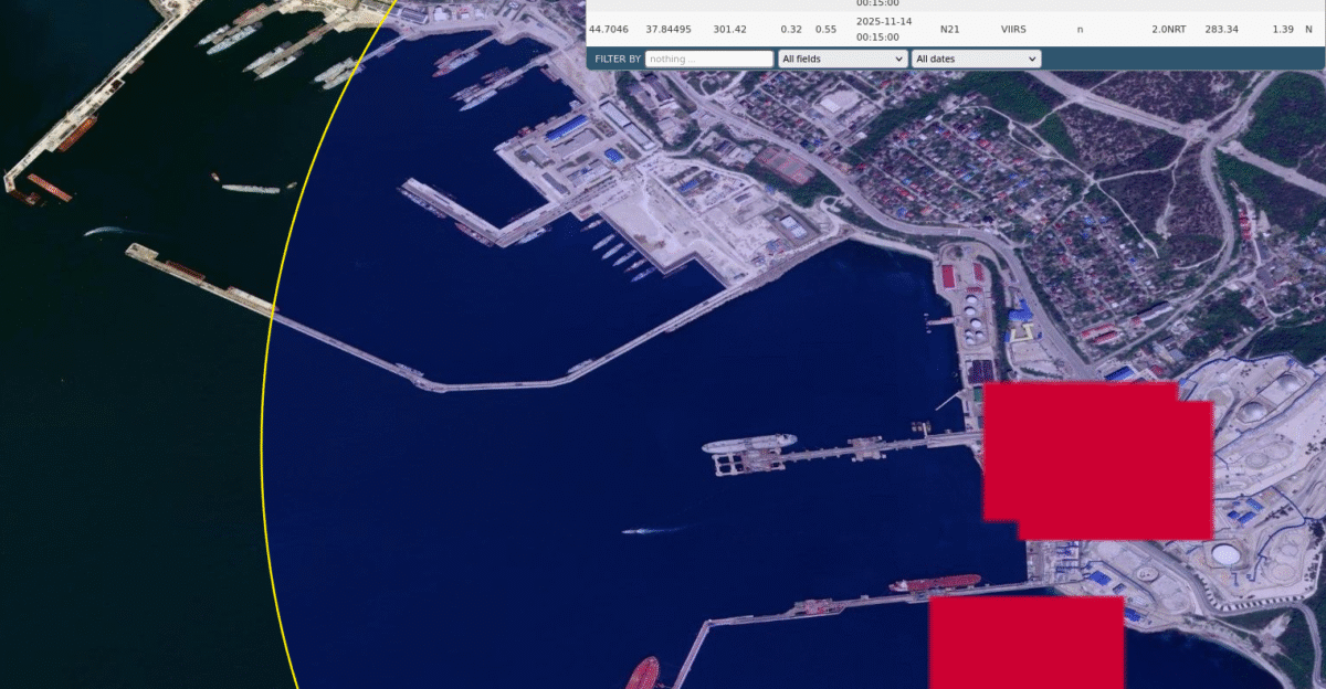 NASA FIRMS imagery showing fires 2025-11-14 00 15 00 UTC in Novorossiysk oil terminal