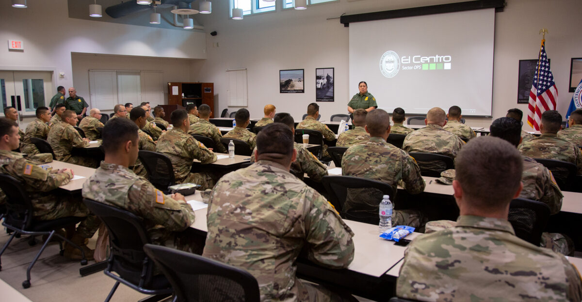 El Centro Border Patrol Chief Gloria Chavez addresses members of the California National Guard at El Centro Station Monday morning