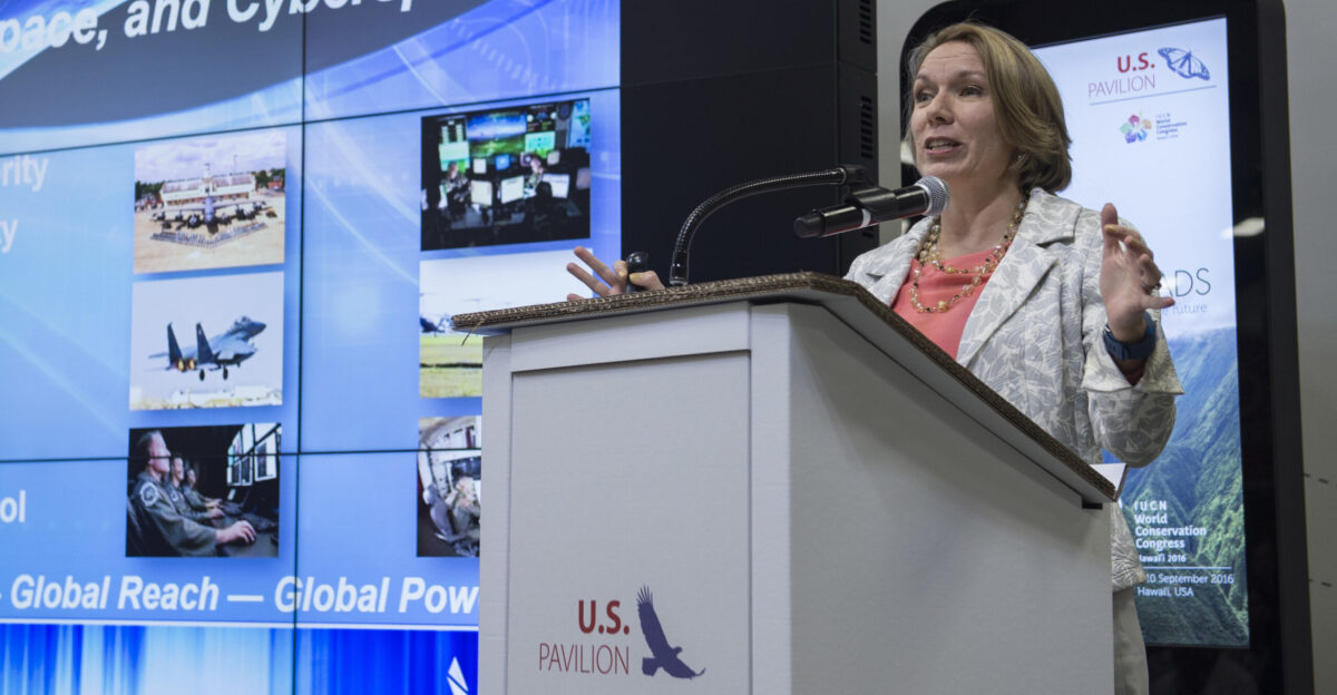 N-YW024-010 HONOLULU Sept 5 2016 Assistant Secretary of the Air Force Installations Environment and Energy Miranda Ballentine delivers remarks during a U S Department of Defense conservation panel during the International Union for Conservation of Nature World Conservation Congress at the Hawaiian Convention Center in Honolulu The IUCN is a membership Union uniquely composed of both government and civil society organizations It provides public private and non-governmental organizations with the knowledge and tools that enable human progress economic development and nature conservation to take place together U S Navy photo by Mass Communication Specialist 2nd Class Katarzyna Kobiljak Released