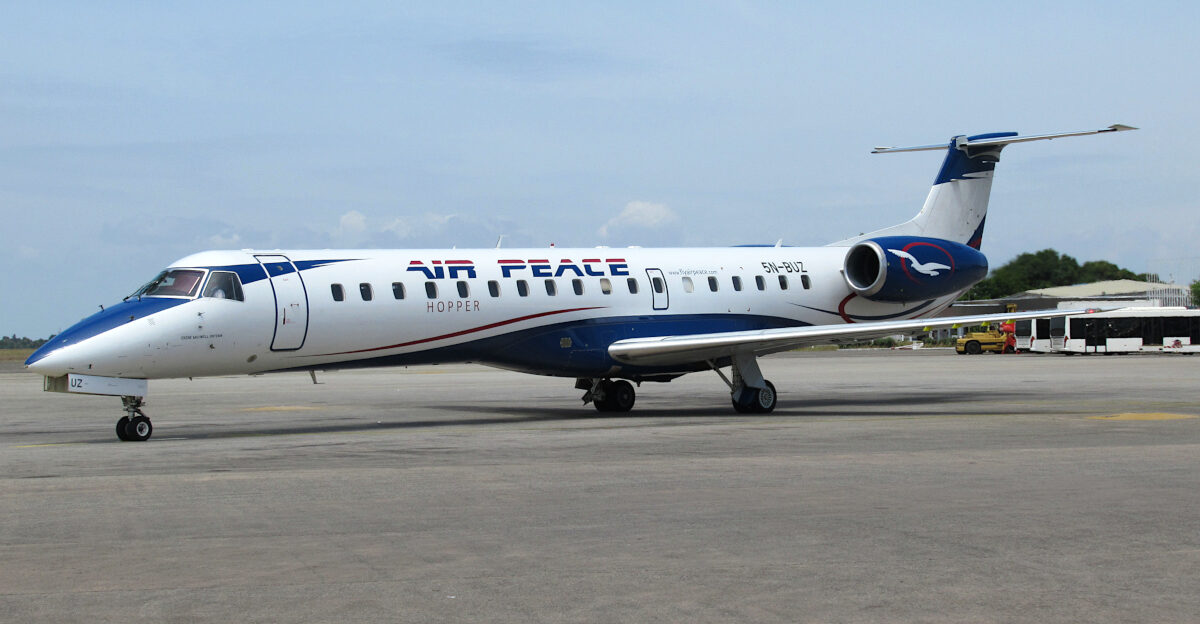 An Air Peace Hopper Embraer 145 at Lungi International Airport in Sierra Leone