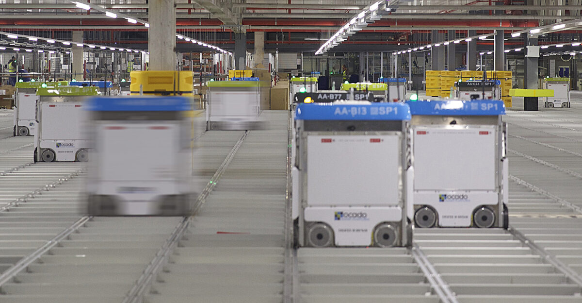 Bots moving inside an Ocado warehouse