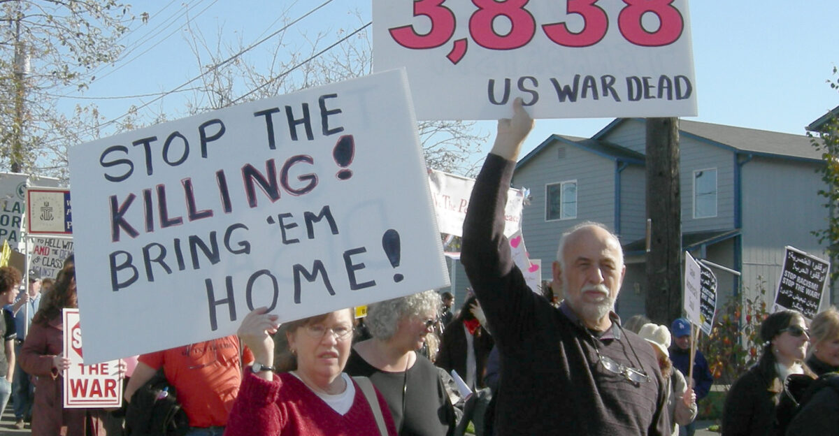 Anti-war march marching west out of rally at Judkins Park Seattle Washington 27 October 2007 3 838 was the number of U S military fatalities in Iraq as of that date