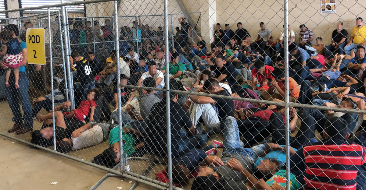 Overcrowding of families observed by OIG on June 10, 2019, at Border Patrol’s
McAllen, TX, Station. Faces were digitally obscured by OIG.