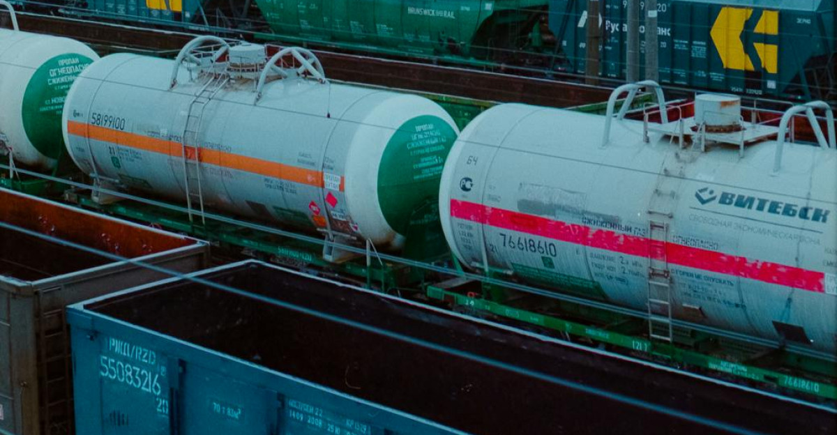 Freight trains in a rail yard in Moscow Russia transporting goods