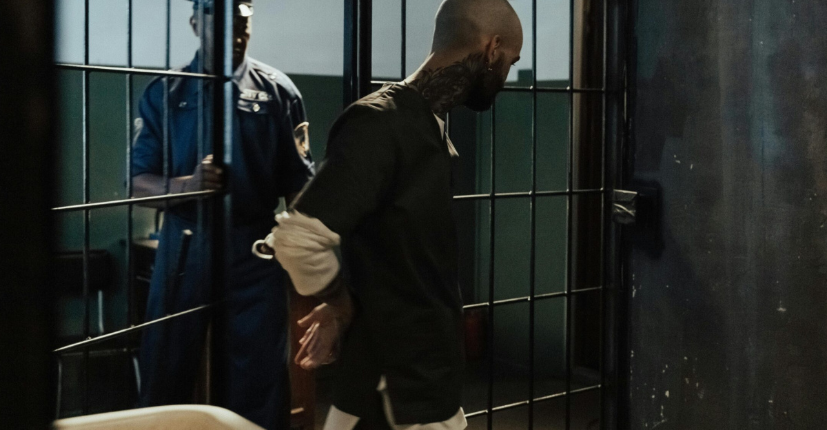 Police officer escorting a handcuffed prisoner through a dimly lit jail corridor.