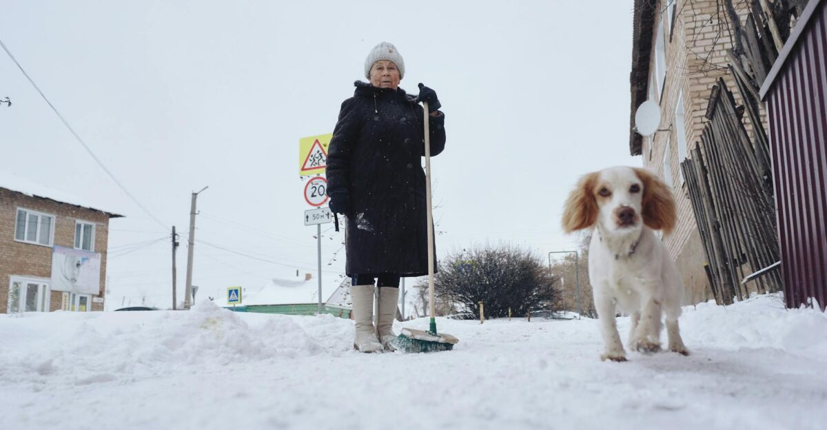 Elderly woman with a dog shoveling snow on a city street in winter