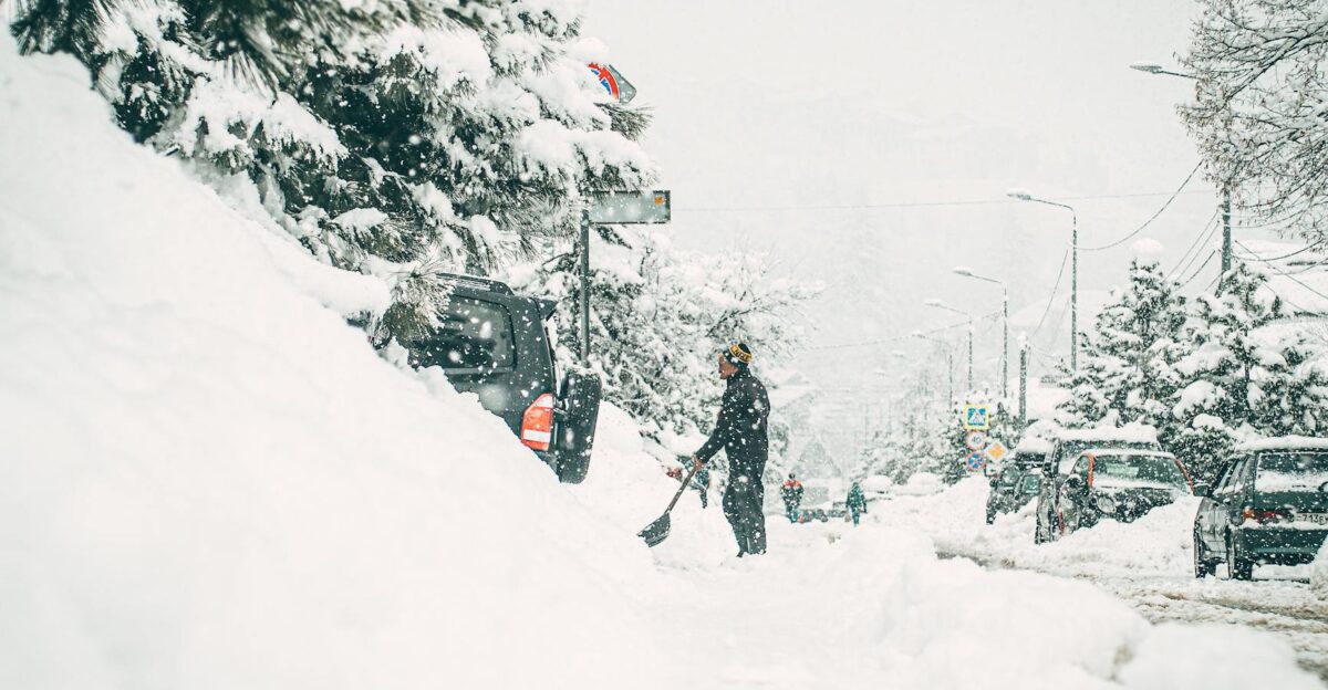 A man shovels snow from a street after a heavy snowfall surrounded by cars and snow-covered trees