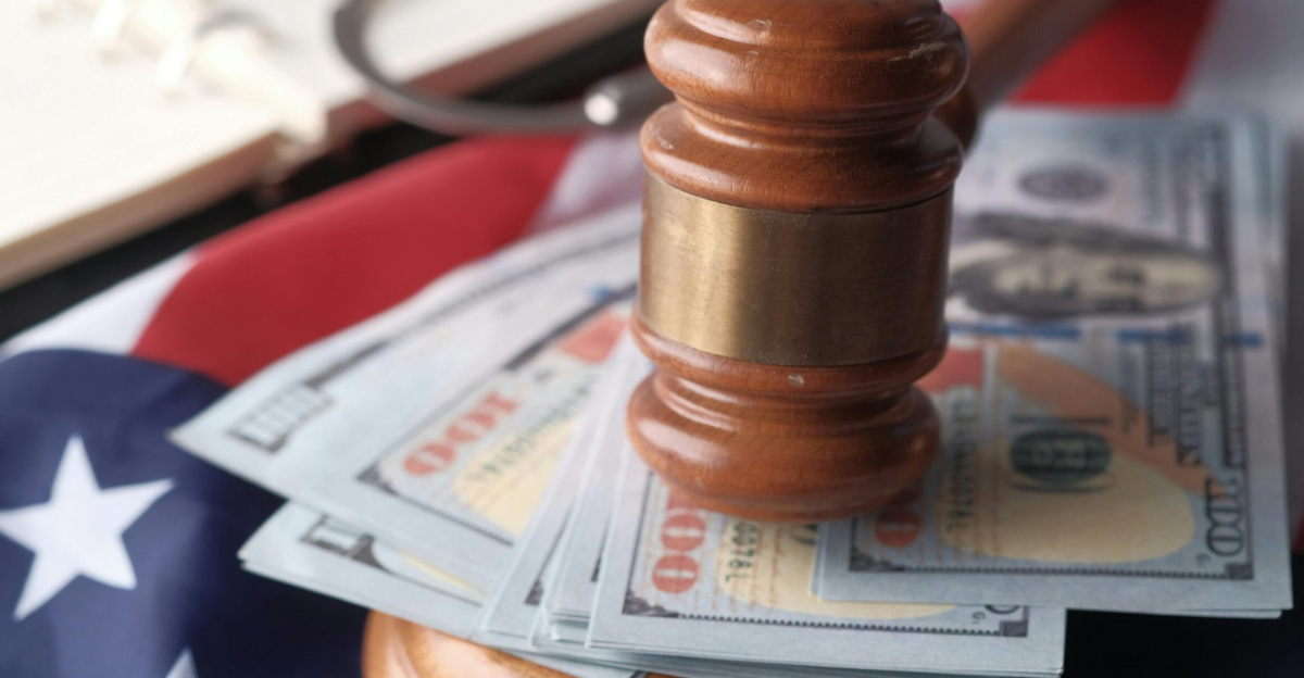 Close-up of a judge's gavel resting on US dollar bills and an American flag, symbolizing justice and finance.
