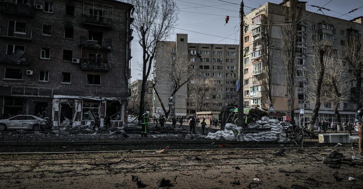 Destruction on city streets in Kyiv showcasing the aftermath of urban conflict