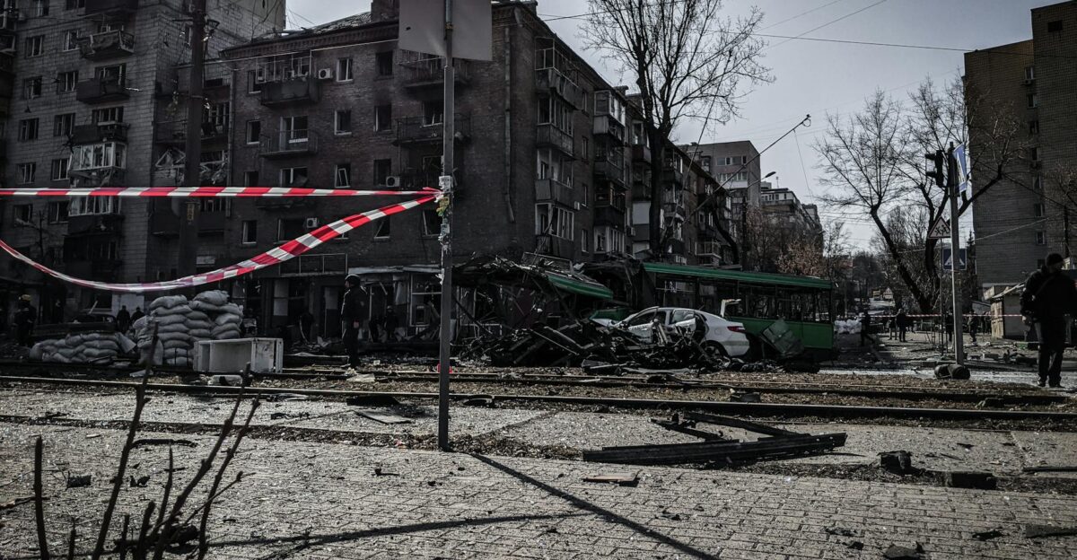 A devastated street in Kyiv showcasing war damage and destruction