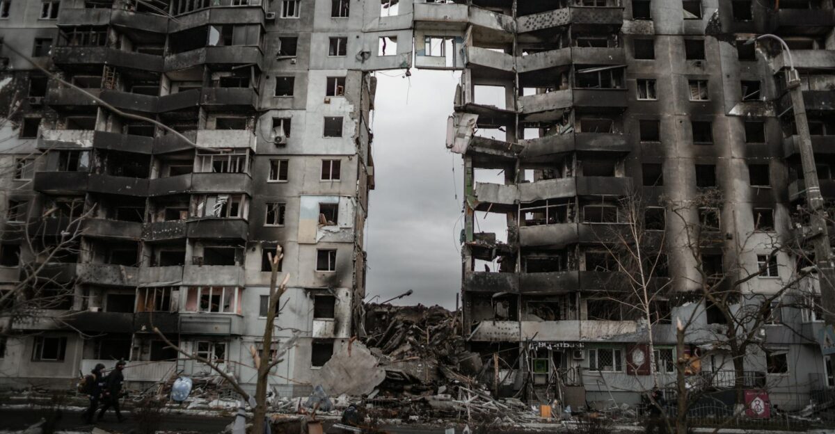 A destroyed apartment building in Borodyanka Ukraine showing aftermath of conflict