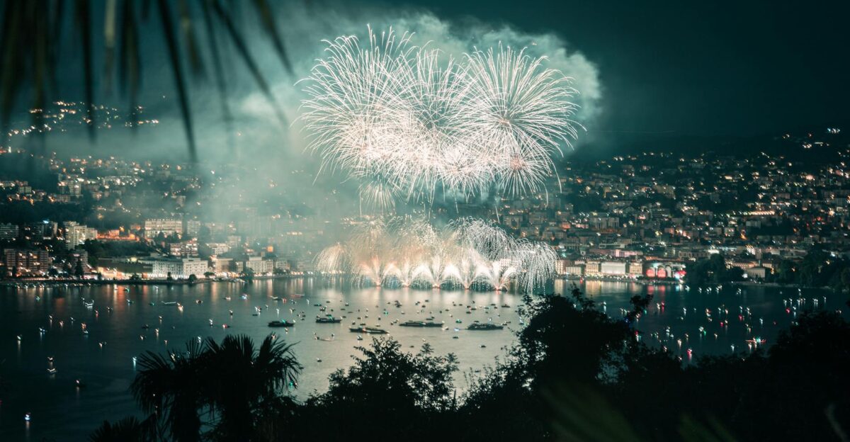 Nighttime fireworks display over Lugano Switzerland lighting up the lake and cityscape