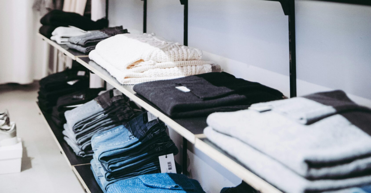 Neatly organized shelves with folded clothes in a contemporary store setting.
