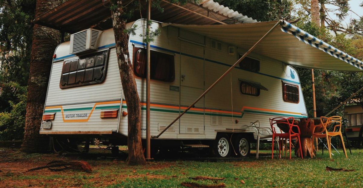 Vintage campervan parked amidst towering trees, offering a serene and rustic outdoor experience.