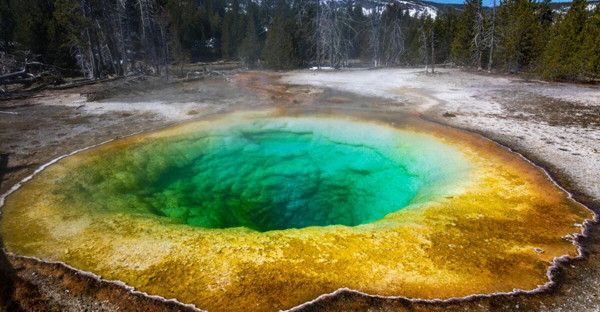 A colorful and steaming hot spring in Yellowstone National Park surrounded by stunning natural scenery