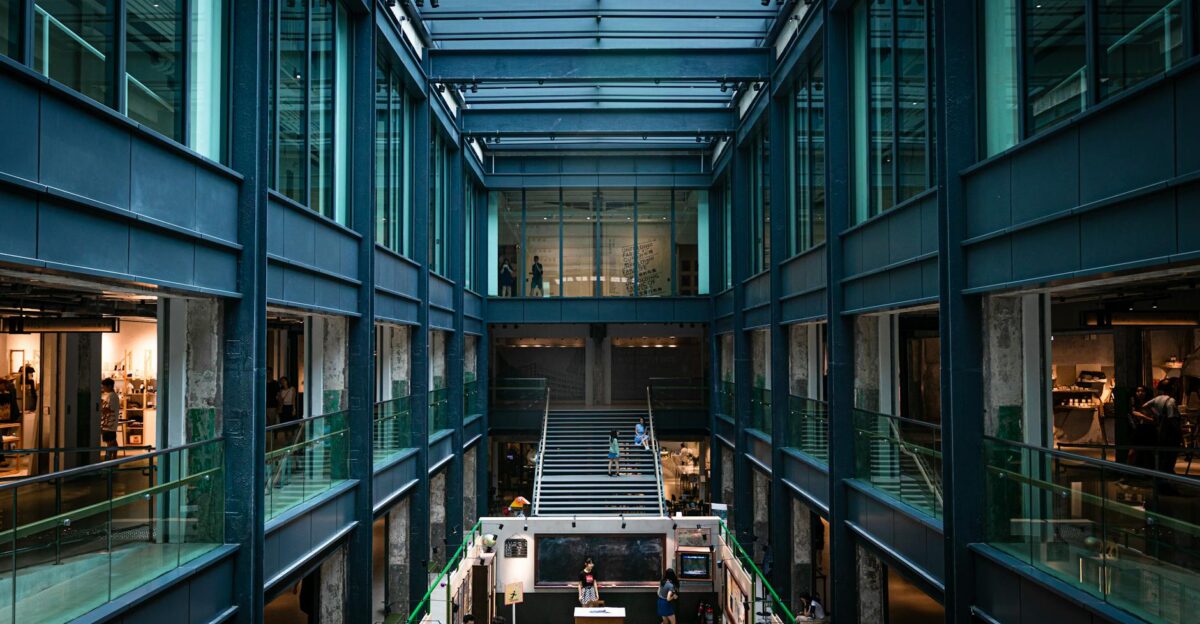 A high-tech atrium interior with glass and steel structures in Hong Kong s New Territories