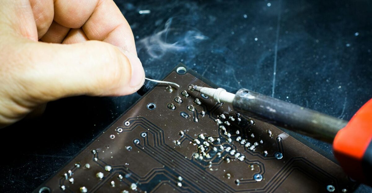 Hand soldering on a printed circuit board showcasing electronic craftsmanship