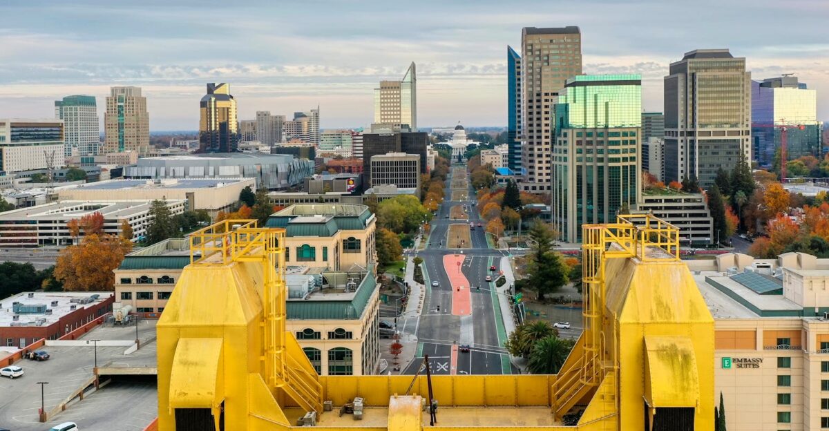 Aerial view of Sacramento s skyline featuring the Tower Bridge and cityscape in autumn