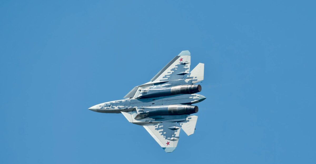 Russian Sukhoi fighter jet in flight at Aero India airshow in Bengaluru