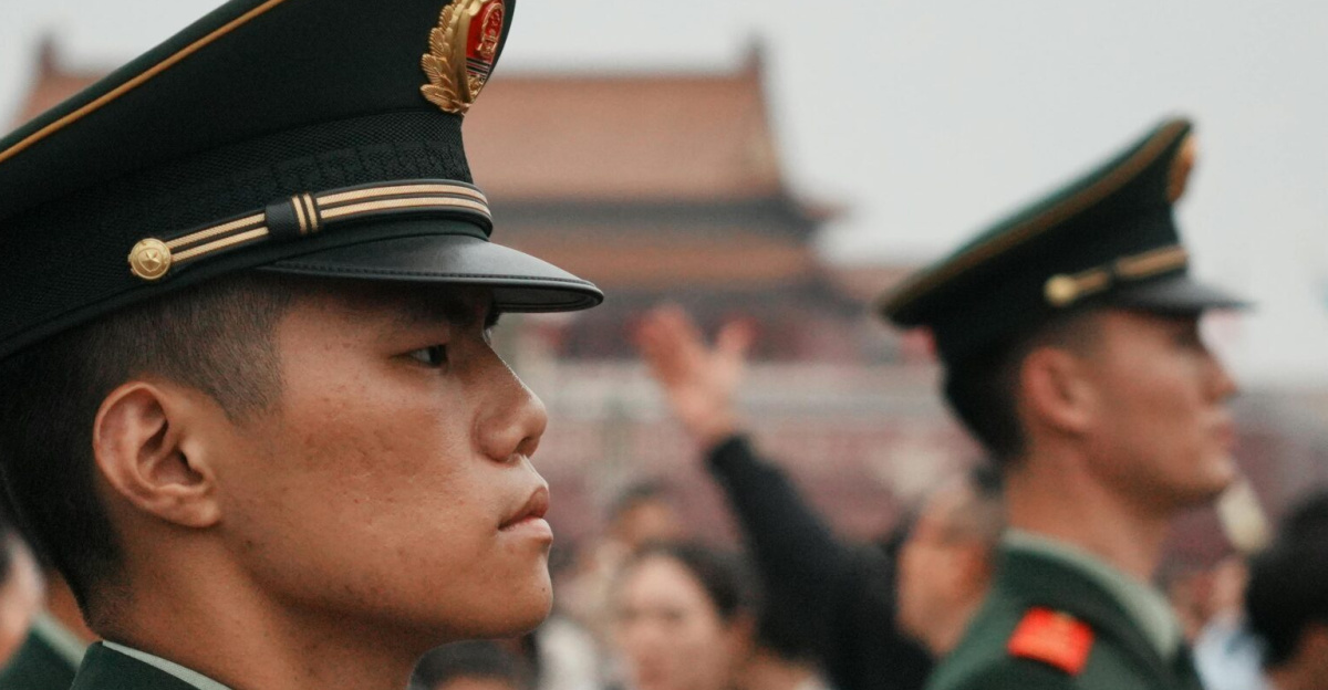 Uniformed guards stand vigil amidst a crowd at Tiananmen Square.