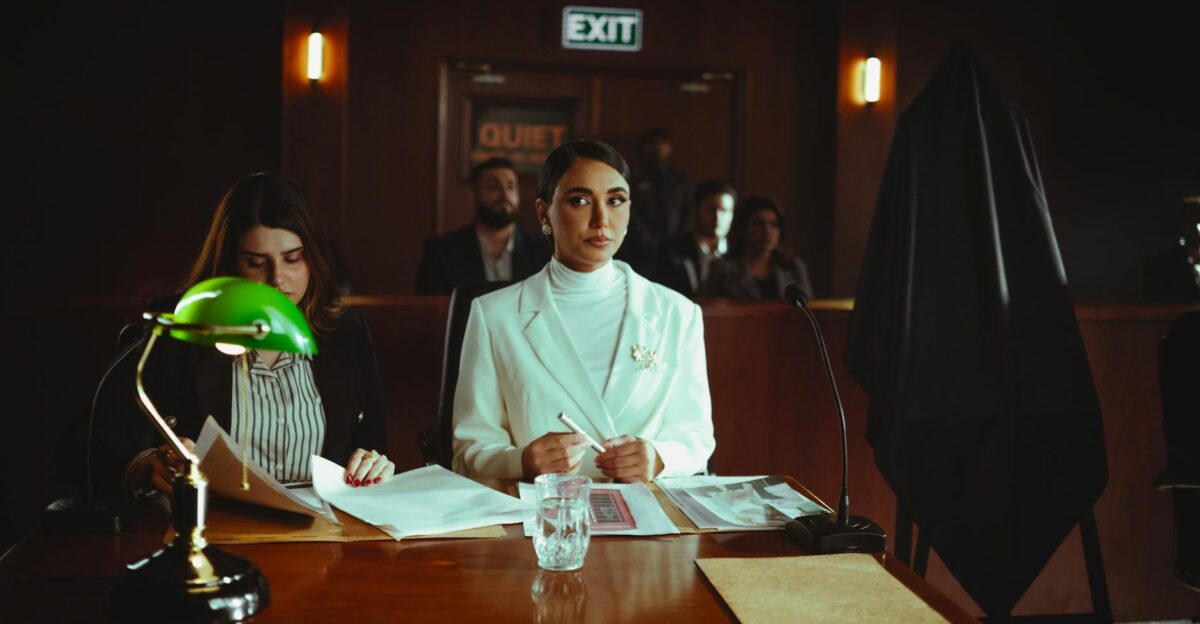 A courtroom scene in Baghdad with lawyers and participants engaged in legal proceedings