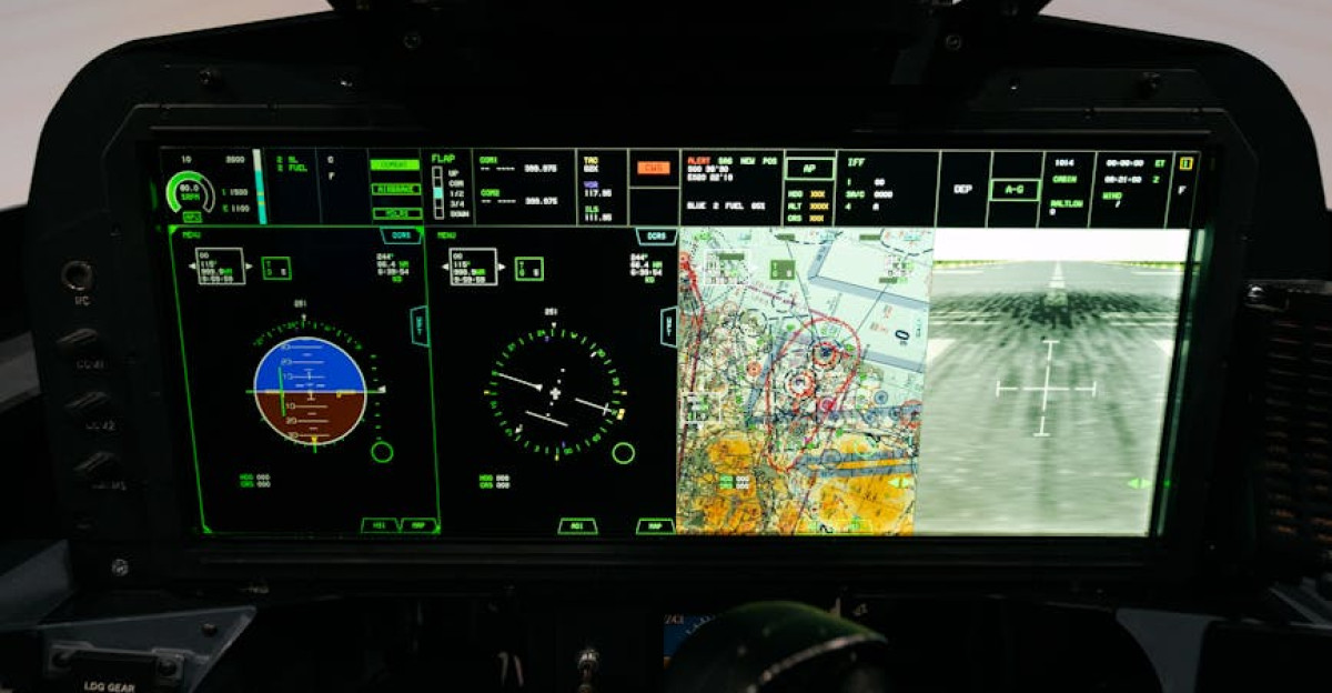 Digital cockpit screen with navigation and flight data for advanced training