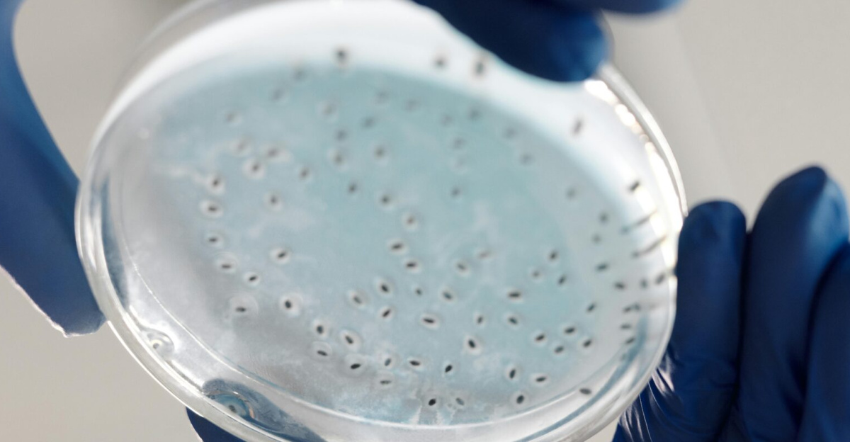 Close-up of hands in gloves holding a petri dish for microbiology analysis in a lab.